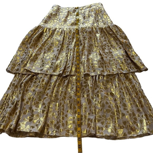 PALOMA BLUE Eden Layered Tiered Ruffled Metallic Fil Coupé Silk blend Skirt Gold - Picture 10 of 15